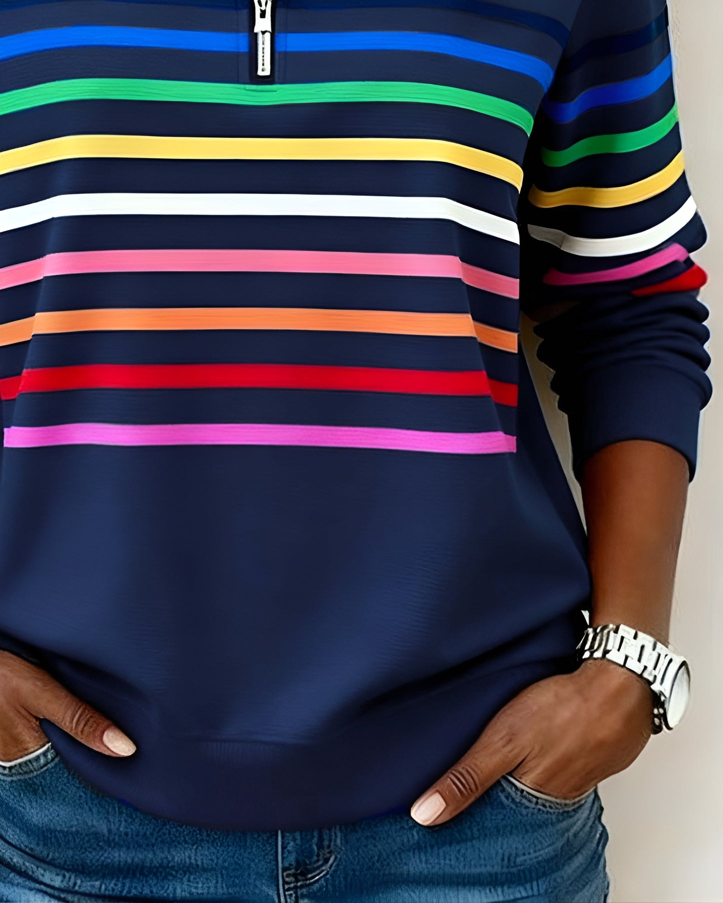 Margit™ | Randig Tröja med Dragkedjekrage