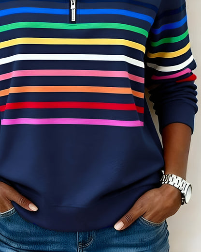 Margit™ | Randig Tröja med Dragkedjekrage