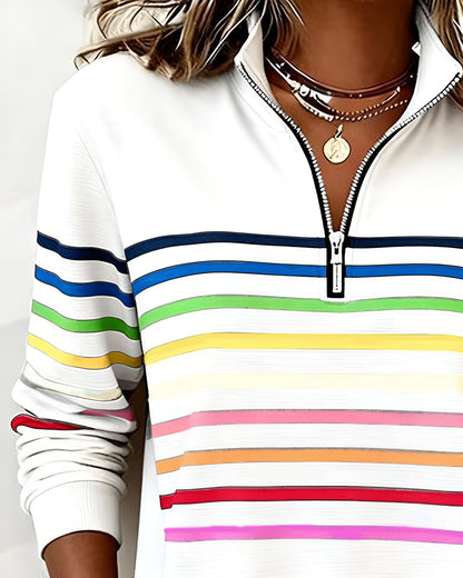 Margit™ | Randig Tröja med Dragkedjekrage