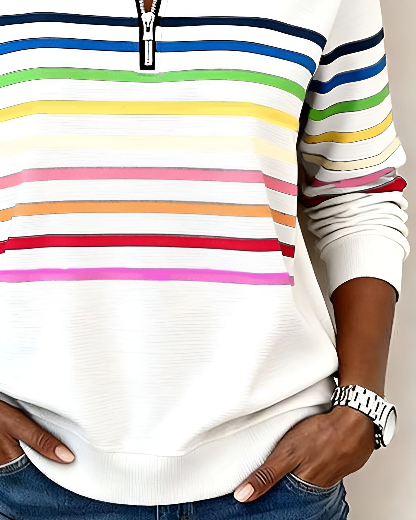 Margit™ | Randig Tröja med Dragkedjekrage