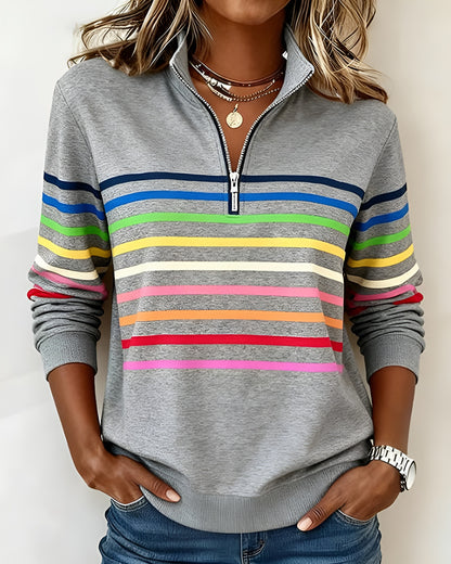 Margit™ | Randig Tröja med Dragkedjekrage