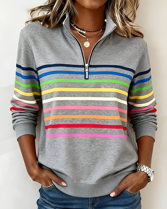 Margit™ | Randig Tröja med Dragkedjekrage